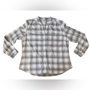L.L. BEAN Tan Gray Ivory Check Plaid Button-Up Long Sleeve Flannel Shirt Size L